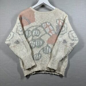 Lauren Hansen Sweater Womans Medium White Hand Knitted Flowers Abstract Pastel